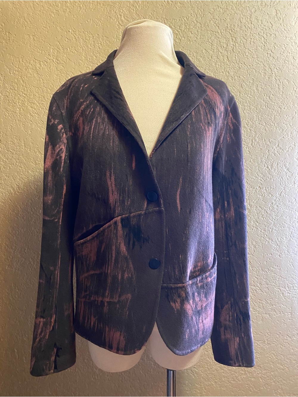 Tailored Black Blazer Jacket with Pink Brushstroke Detail Sz 42/M